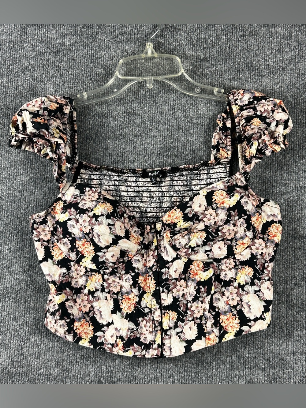 Papaya Black Floral Sweetheart Corset Crop Top Size Large L Puffed Sleeve Cami